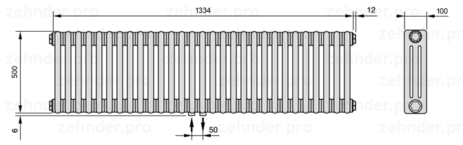 Схема (чертеж) Радиатор Zehnder Charleston 3050/29 №3470 Белый глянцевый RAL 9016